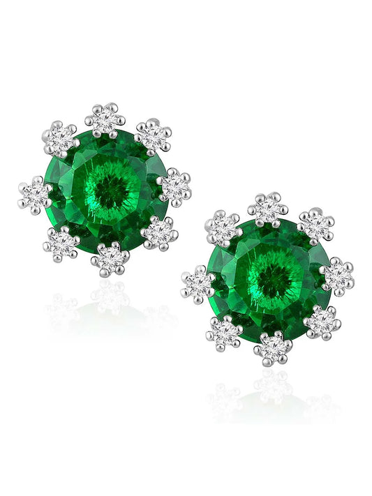 Green Stone Halo Silver Stud Earrings