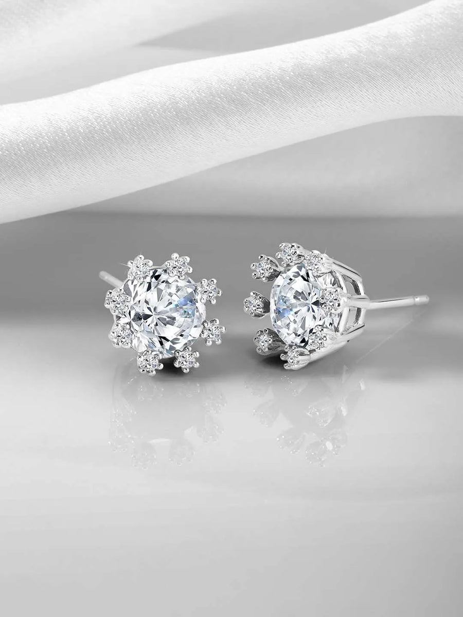 White Stone Halo Silver Stud Earrings