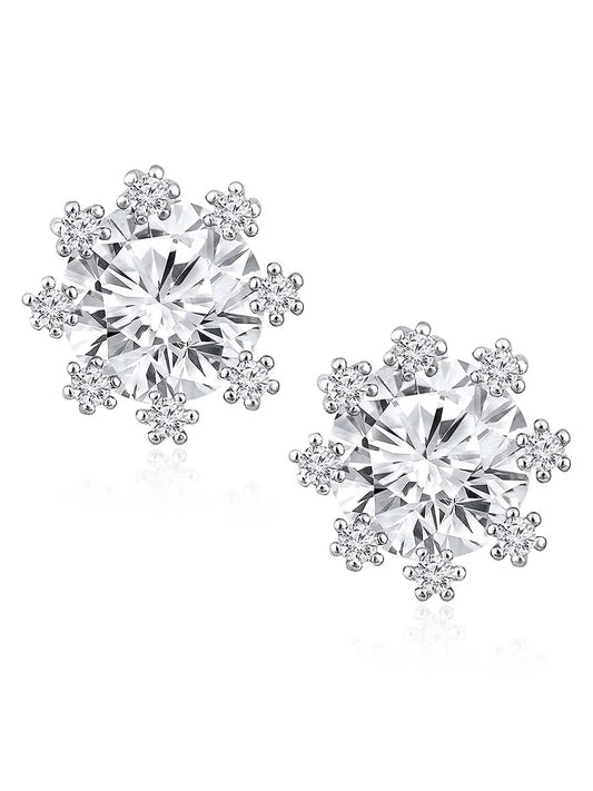 White Stone Halo Silver Stud Earrings