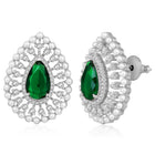 Dewdrop CZ &Crystal Stone Earrings.  Silver-plated earrings featuring a teardrop-shaped green cubic zirconia stone with pearls.