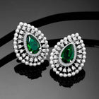 Dewdrop CZ &Crystal Stone Earrings.  Silver-plated earrings featuring a teardrop-shaped green cubic zirconia stone with pearls.