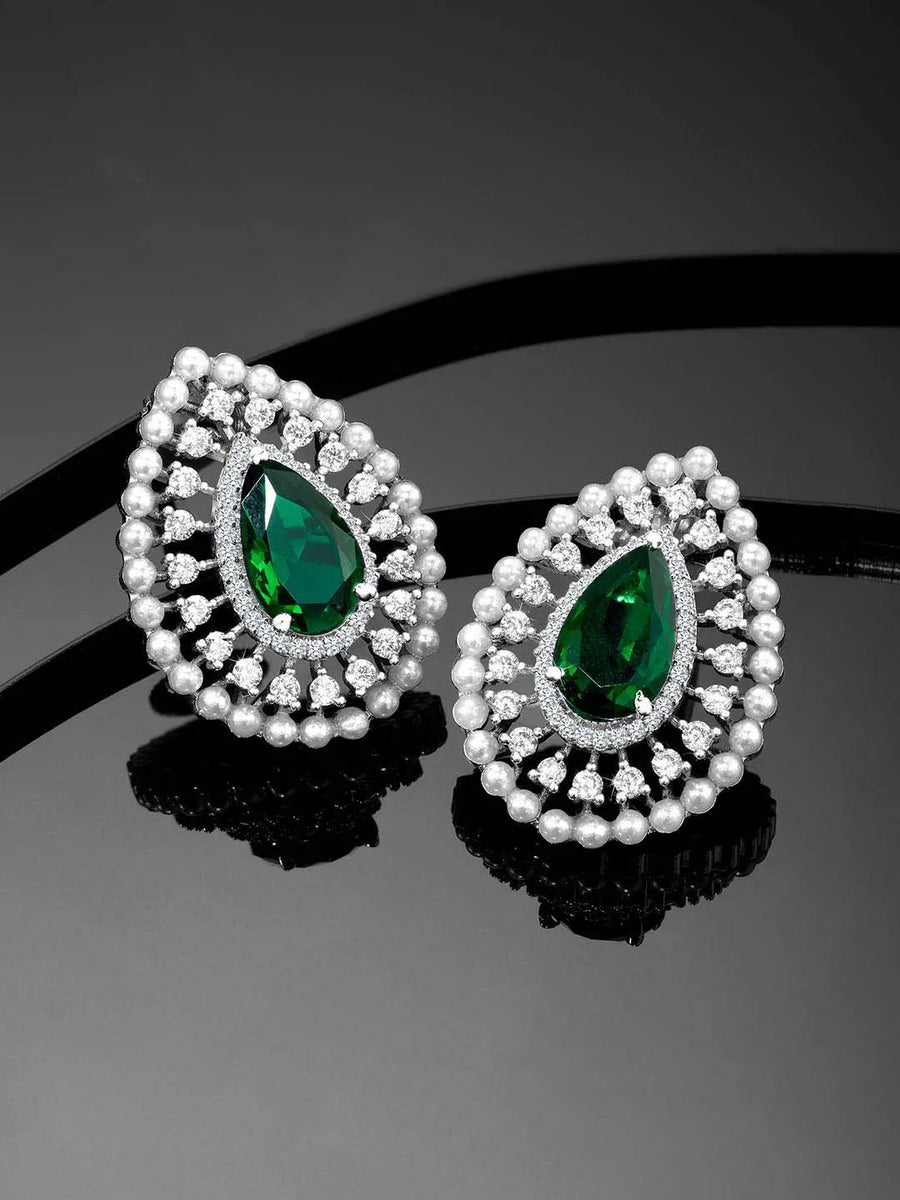 Dewdrop CZ &Crystal Stone Earrings.  Silver-plated earrings featuring a teardrop-shaped green cubic zirconia stone with pearls.
