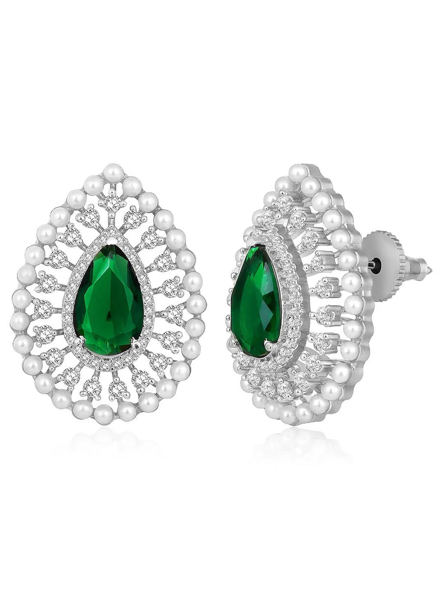 Dewdrop CZ &Crystal Stone Earrings.  Silver-plated earrings featuring a teardrop-shaped green cubic zirconia stone with pearls.