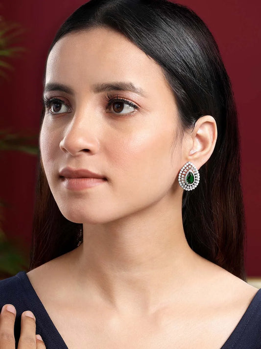Dewdrop CZ &Crystal Stone Earrings.  Silver-plated earrings featuring a teardrop-shaped green cubic zirconia stone with pearls.