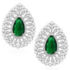 Dewdrop CZ &Crystal Stone Earrings.  Silver-plated earrings featuring a teardrop-shaped green cubic zirconia stone with pearls.
