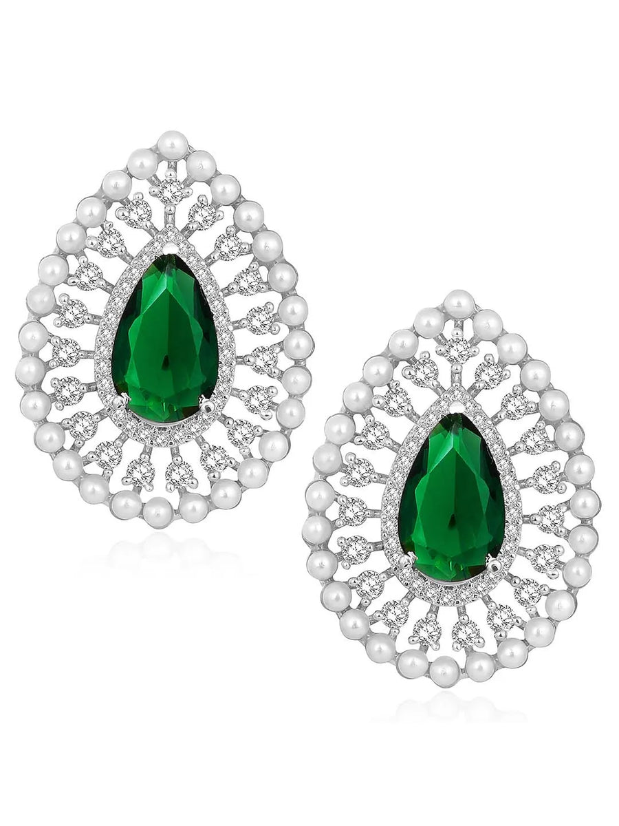 Dewdrop CZ &Crystal Stone Earrings.  Silver-plated earrings featuring a teardrop-shaped green cubic zirconia stone with pearls.