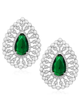Dewdrop CZ &Crystal Stone Earrings.  Silver-plated earrings featuring a teardrop-shaped green cubic zirconia stone with pearls.