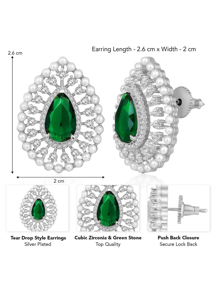 Dewdrop CZ &Crystal Stone Earrings.  Silver-plated earrings featuring a teardrop-shaped green cubic zirconia stone with pearls.