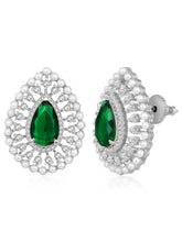 Dewdrop CZ &Crystal Stone Earrings.  Silver-plated earrings featuring a teardrop-shaped green cubic zirconia stone with pearls.