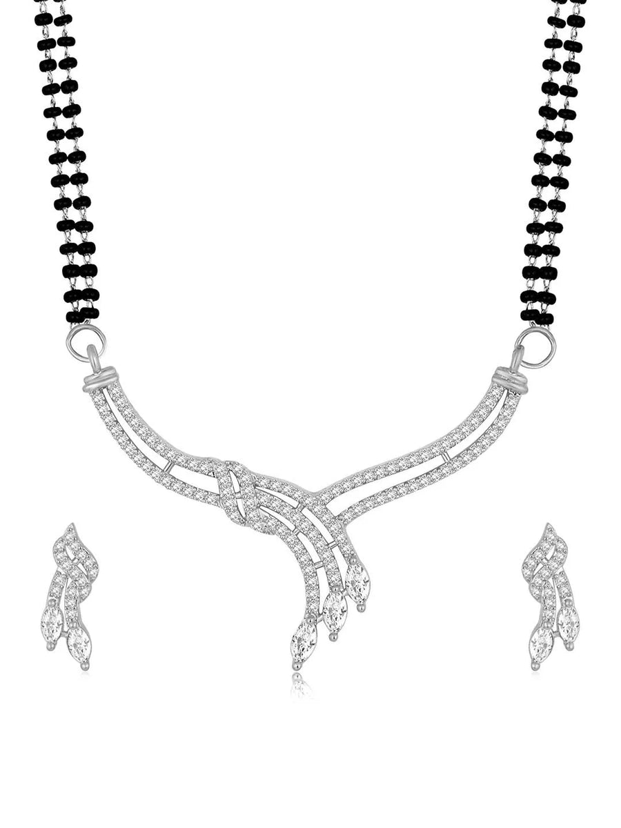 Brilliant Dazzling CZ Mangalsutra Set. Silver CZ mangalsutra set with black beads and matching earrings
