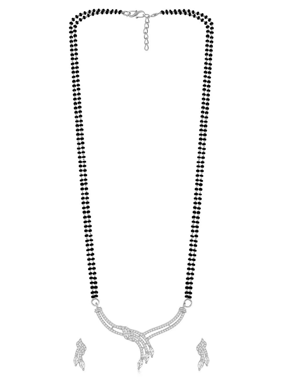 Brilliant Dazzling CZ Mangalsutra Set. Silver CZ mangalsutra set with black beads and matching earrings
