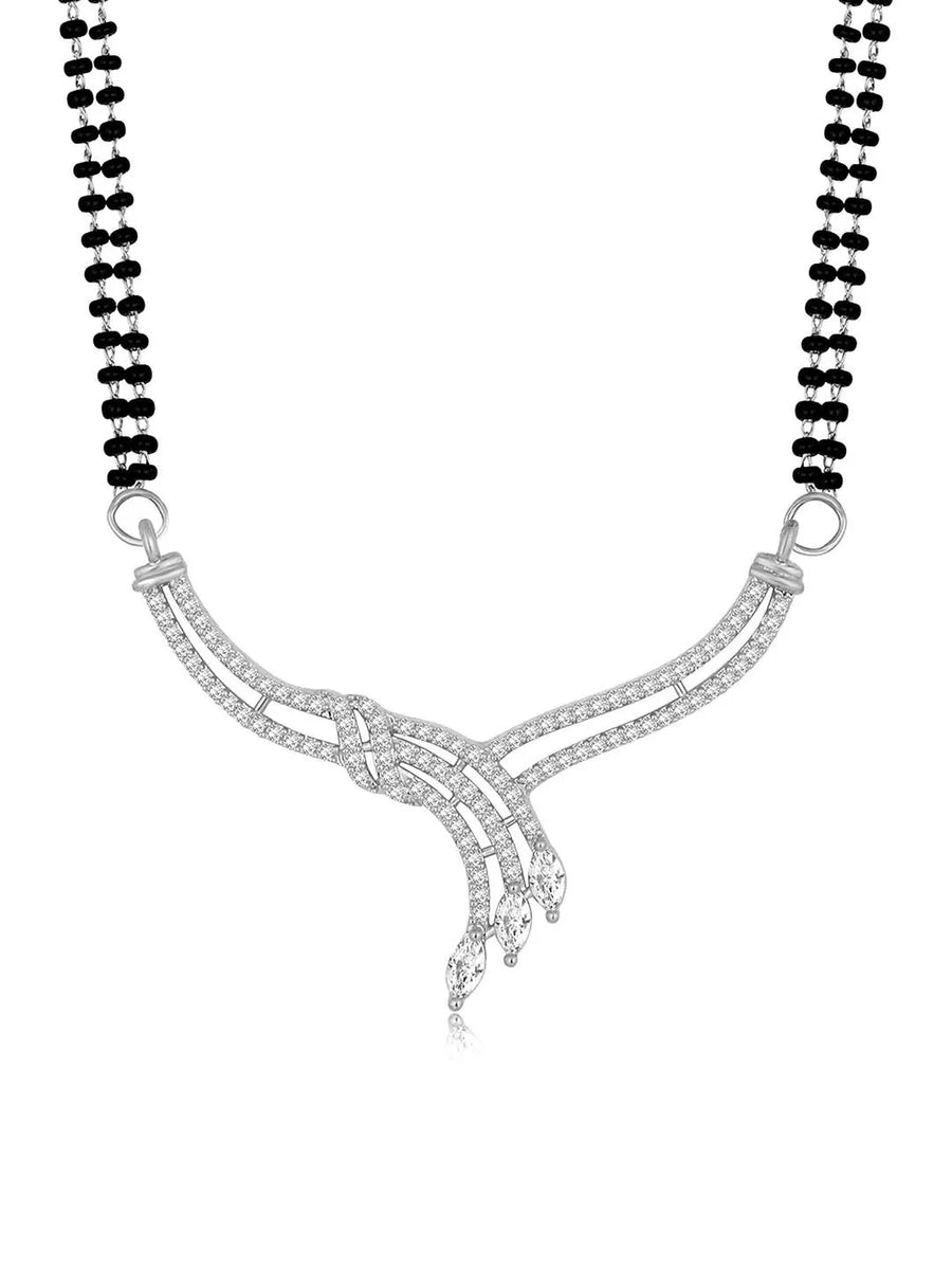 Brilliant Dazzling CZ Mangalsutra Set. Silver CZ mangalsutra set with black beads and matching earrings