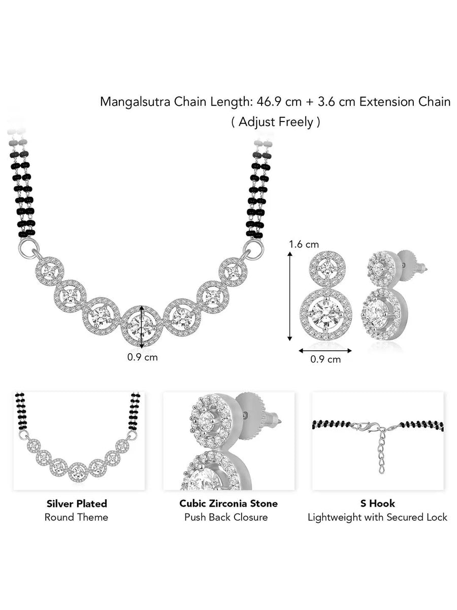 Luxurious Gleaming CZ Mangalsutra Set. Mangalsutra and matching earrings with cubic zirconia stones along with silver plating.