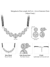 Luxurious Gleaming CZ Mangalsutra Set. Mangalsutra and matching earrings with cubic zirconia stones along with silver plating.