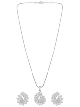 A set of silver jewellery including a paisley-shaped pendant necklace and matching earrings, both adorned with cubic zirconia.