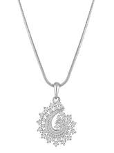 A set of silver jewellery including a paisley-shaped pendant necklace and matching earrings, both adorned with cubic zirconia.