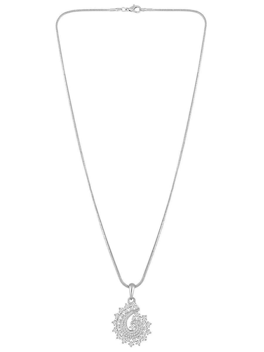 A set of silver jewellery including a paisley-shaped pendant necklace and matching earrings, both adorned with cubic zirconia.