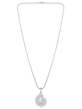 A set of silver jewellery including a paisley-shaped pendant necklace and matching earrings, both adorned with cubic zirconia.