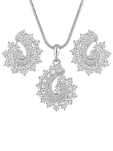 A set of silver jewellery including a paisley-shaped pendant necklace and matching earrings, both adorned with cubic zirconia.