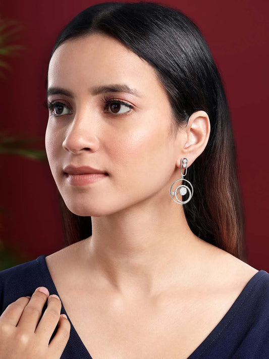 Chic Radiant Roundness CZ Earrings. Silver-plated dangler earrings with Cz stones, in circular shape.