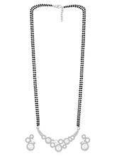 Beautiful Shimmering CZ Mangalsutra Set. A set of black beaded Mangalsutra with silver-colour and geometric patterns, with pearls, CZ stones.