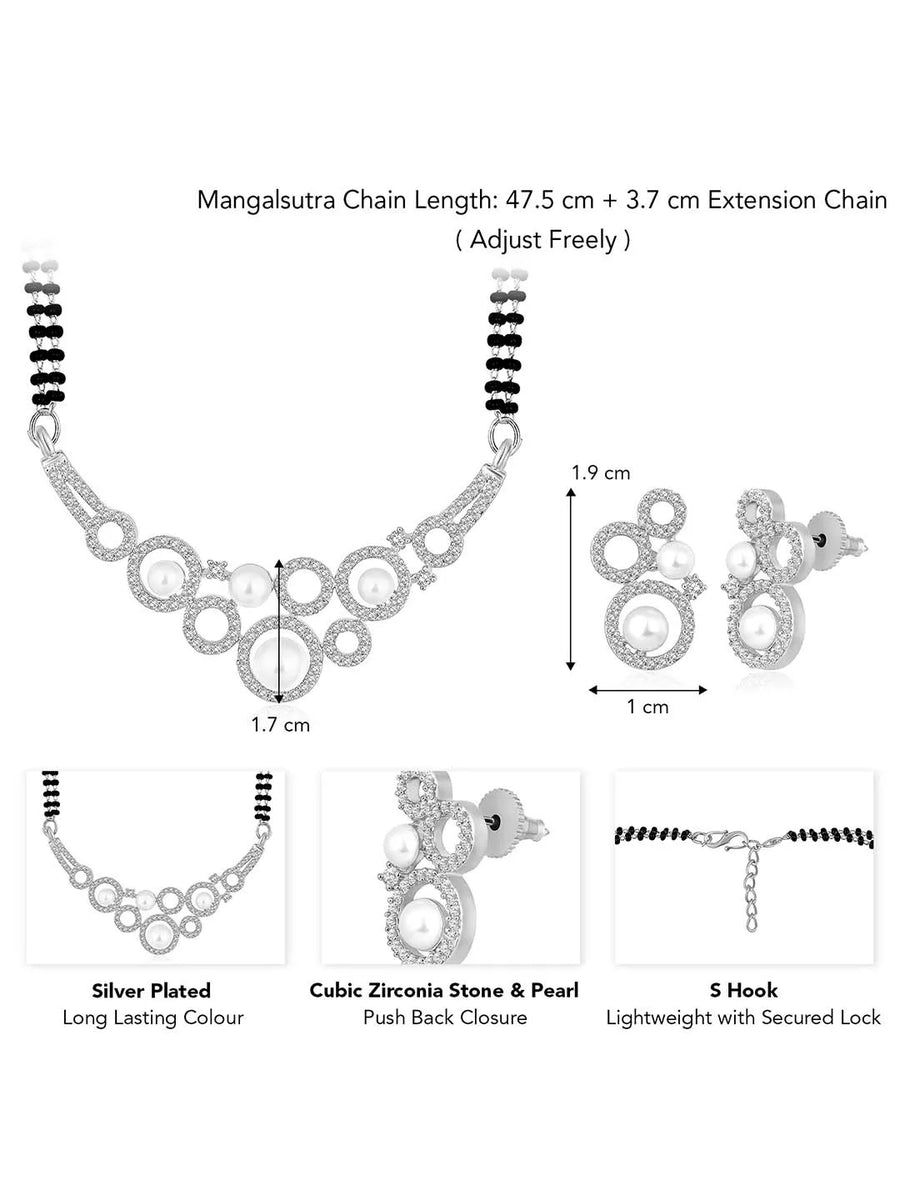 Beautiful Shimmering CZ Mangalsutra Set. A set of black beaded Mangalsutra with silver-colour and geometric patterns, with pearls, CZ stones.
