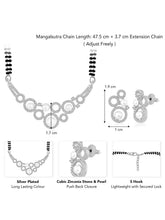 Beautiful Shimmering CZ Mangalsutra Set. A set of black beaded Mangalsutra with silver-colour and geometric patterns, with pearls, CZ stones.