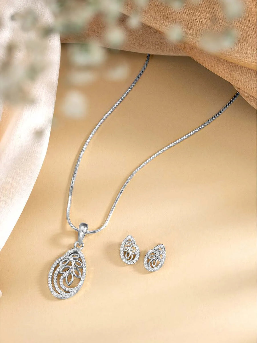 Timeless Divine Droplets CZ Pendant Set. Silver-plating pendant necklace and earrings set, leaf accent with cubic zirconia stones by Peora.