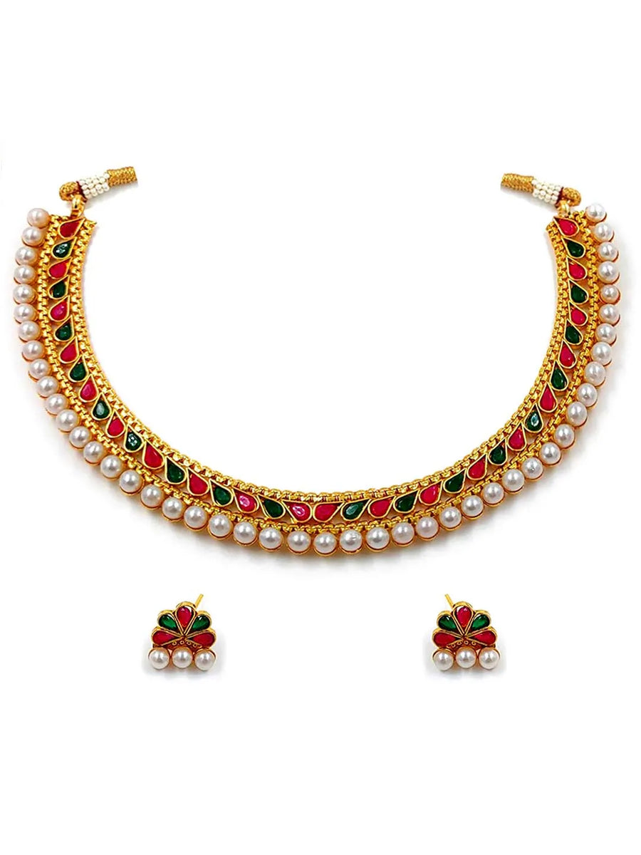Traditional Rani Pink Green Stone Choker Set