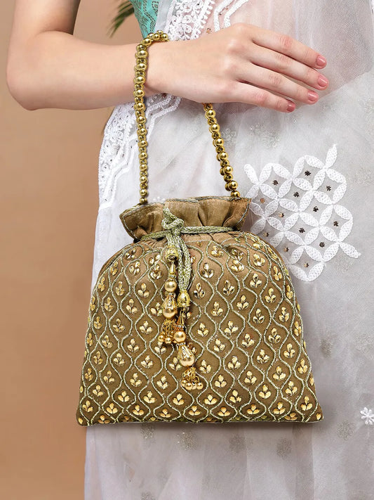 Shine On Studded Stone Potli Bag - Brown