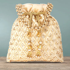 Shine On Studded Stone Potli Bag - Cream