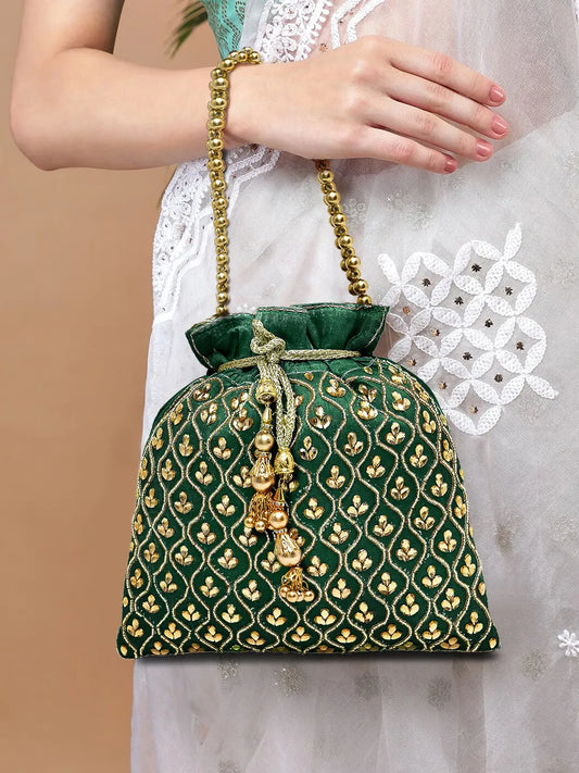 Shine On Studded Stone Potli Bag - Green