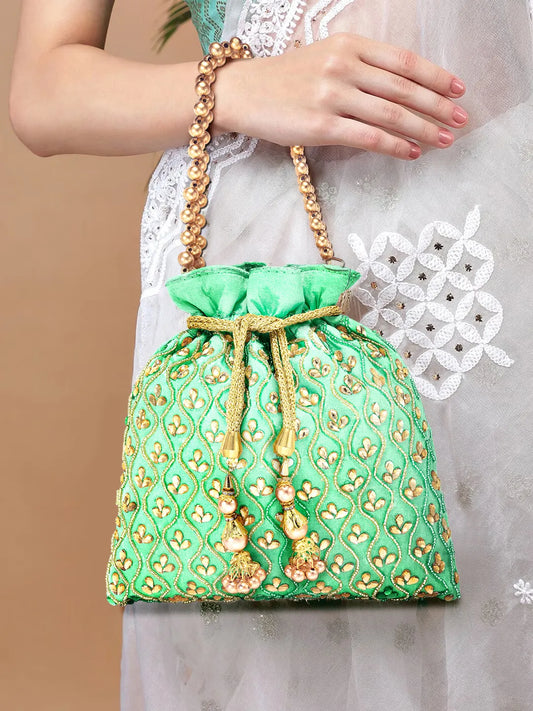 Shine On Studded Stone Potli Bag - Mint