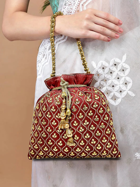 Shine On Studded Stone Potli Bag - Maroon