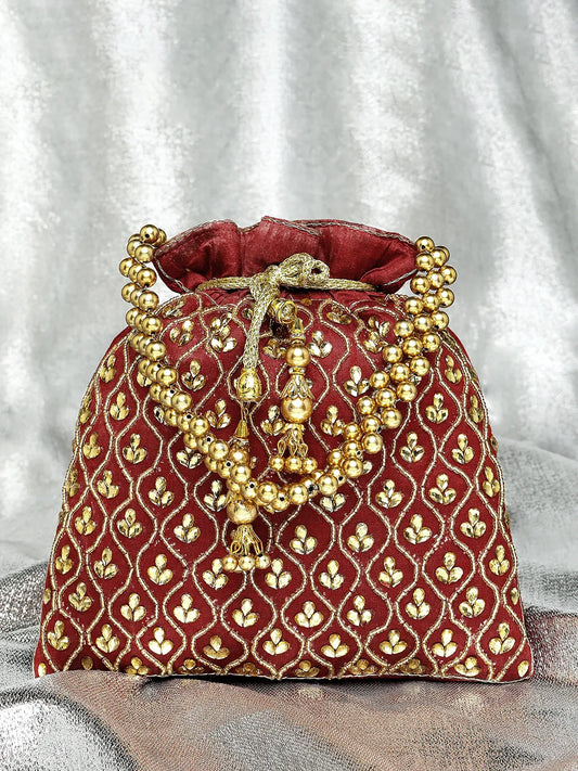 Shine On Studded Stone Potli Bag - Maroon