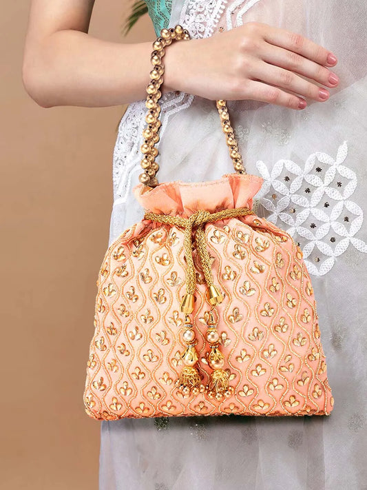 Shine On Studded Stone Potli Bag - Peach