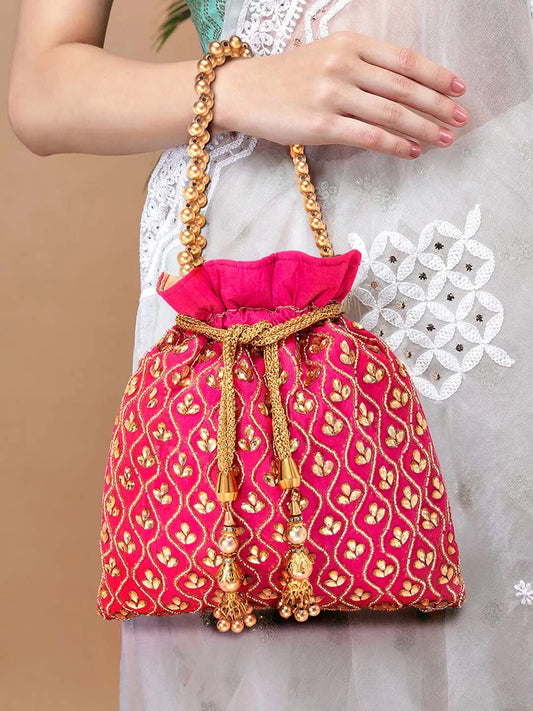 Shine On Studded Stone Potli Bag - Rani Pink