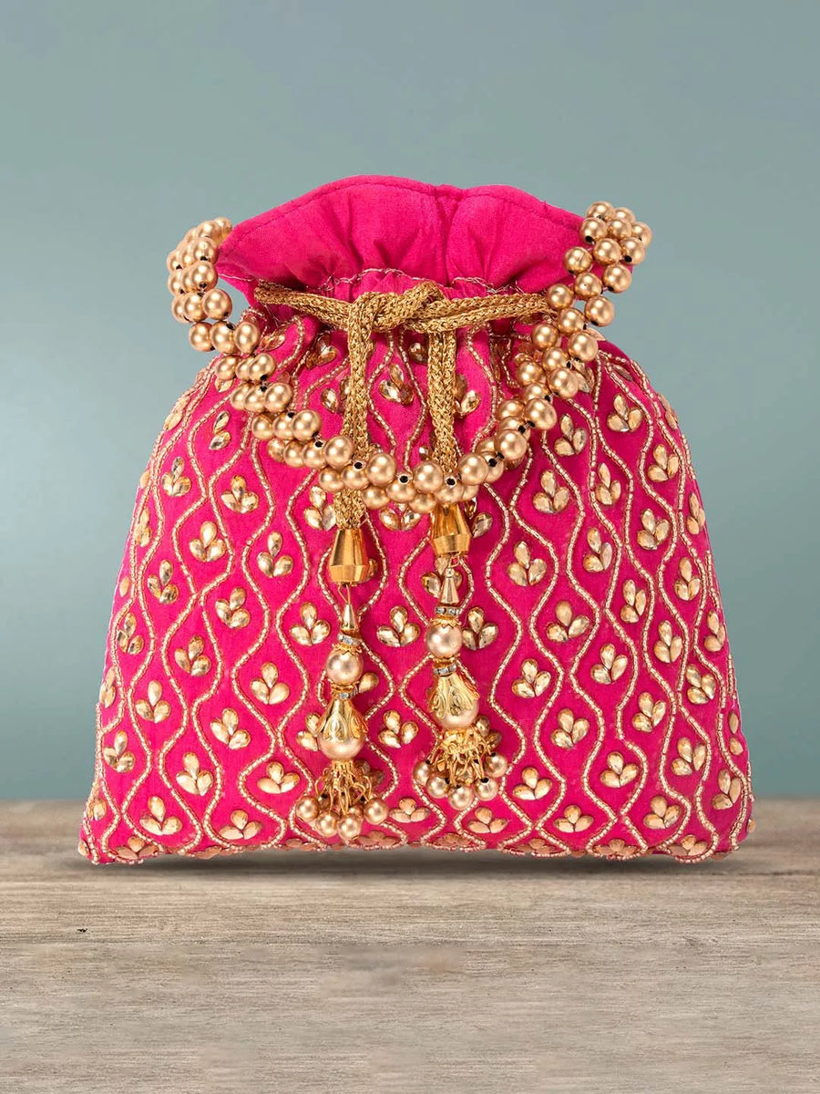 Shine On Studded Stone Potli Bag - Rani Pink
