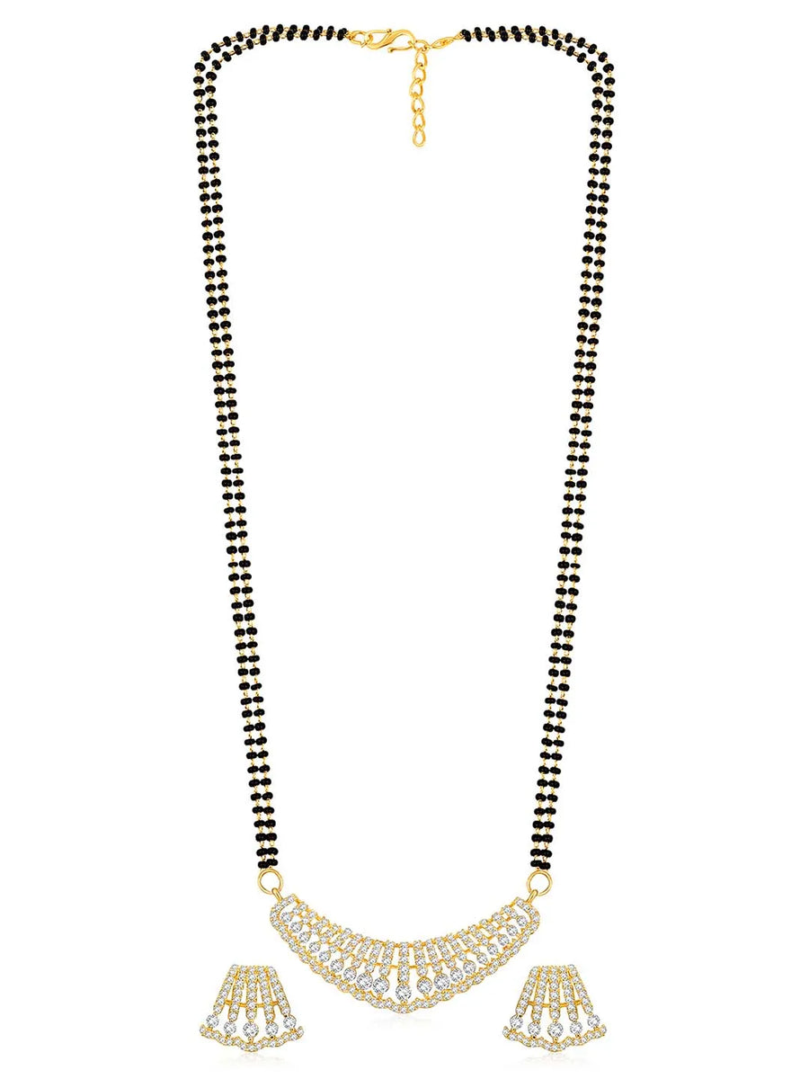 Beautiful Stylish CZ Mangalsutra Set - Gold. A set of CZ Mangalsutra jewellery and earrings, with gold plating & CZ Stones.