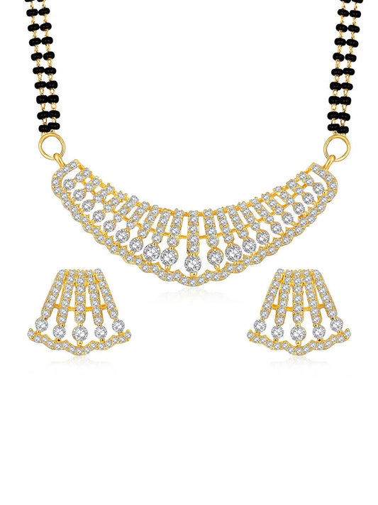 Beautiful Stylish CZ Mangalsutra Set - Gold. A set of CZ Mangalsutra jewellery and earrings, with gold plating & CZ Stones.