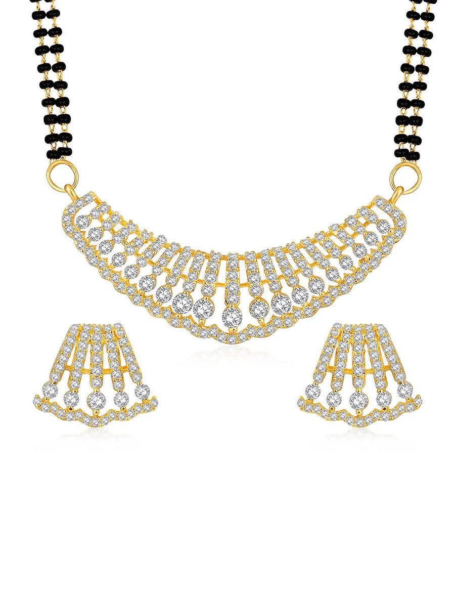Beautiful Stylish CZ Mangalsutra Set - Gold. A set of CZ Mangalsutra jewellery and earrings, with gold plating & CZ Stones.