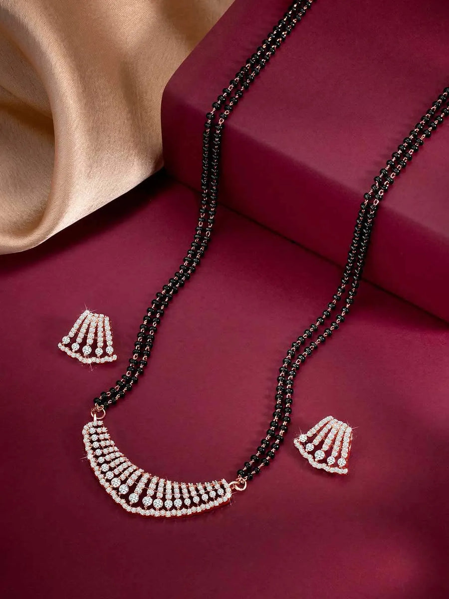 Beautiful Stylish CZ Mangalsutra Set - Rose Gold. A set of CZ Mangalsutra jewellery and earrings, with rose gold plating.