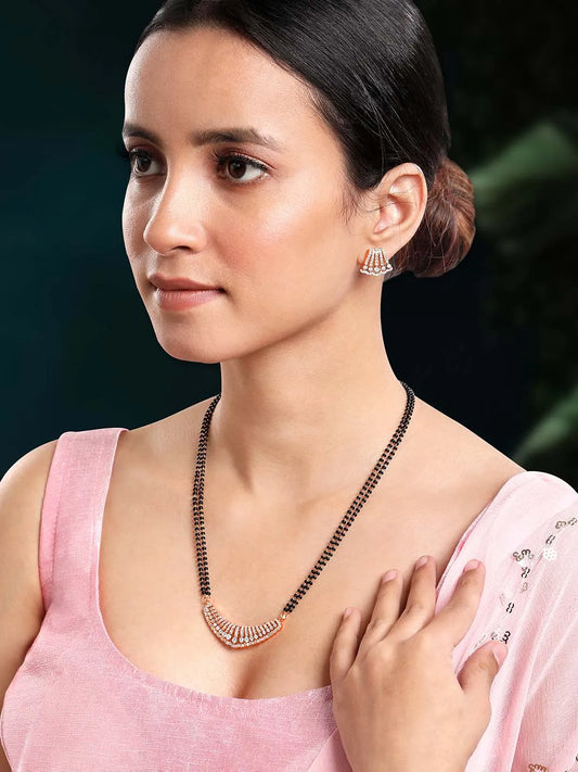 Beautiful Stylish CZ Mangalsutra Set - Rose Gold. A set of CZ Mangalsutra jewellery and earrings, with rose gold plating.