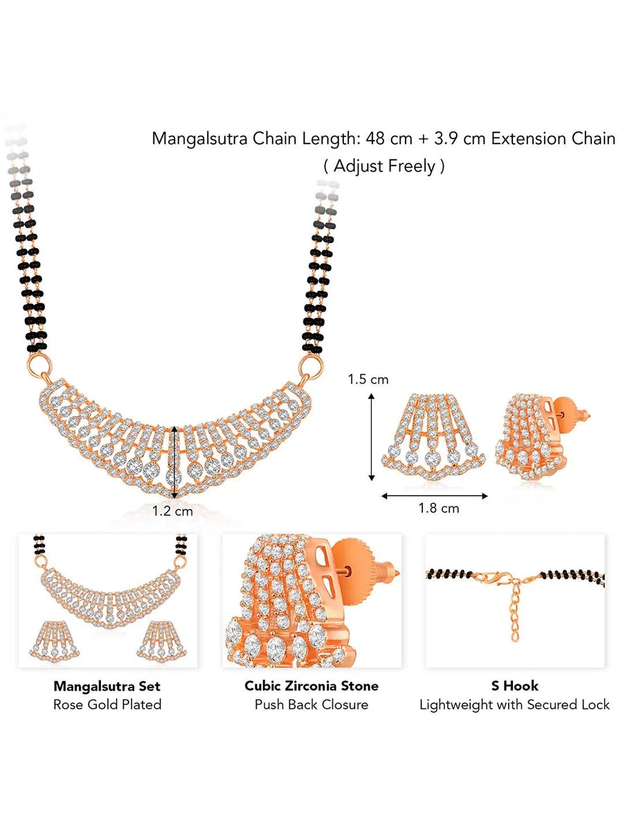 Beautiful Stylish CZ Mangalsutra Set - Rose Gold. A set of CZ Mangalsutra jewellery and earrings, with rose gold plating.