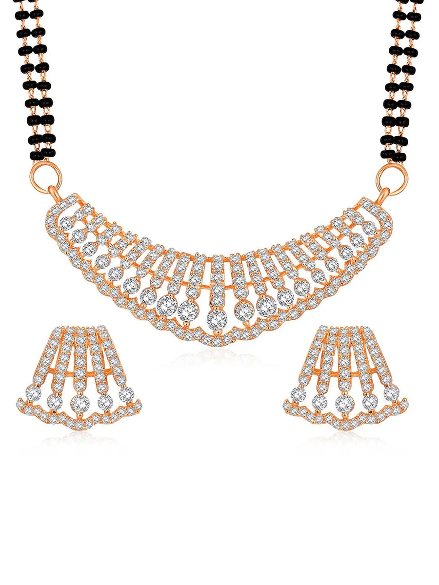 Beautiful Stylish CZ Mangalsutra Set - Rose Gold. A set of CZ Mangalsutra jewellery and earrings, with rose gold plating.