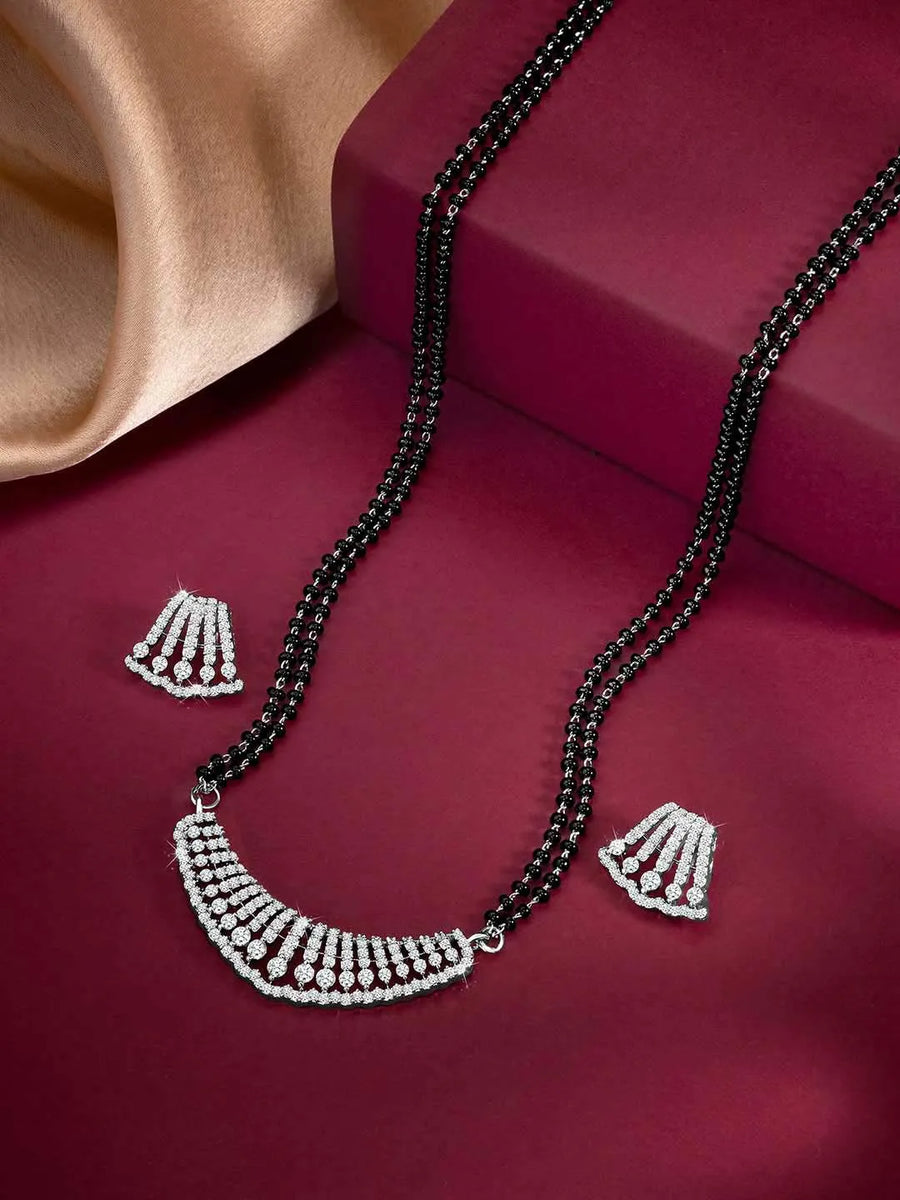 Beautiful Stylish CZ Mangalsutra Set - Silver. A set of CZ Mangalsutra jewellery and earrings, with silver plating & CZ Stones.