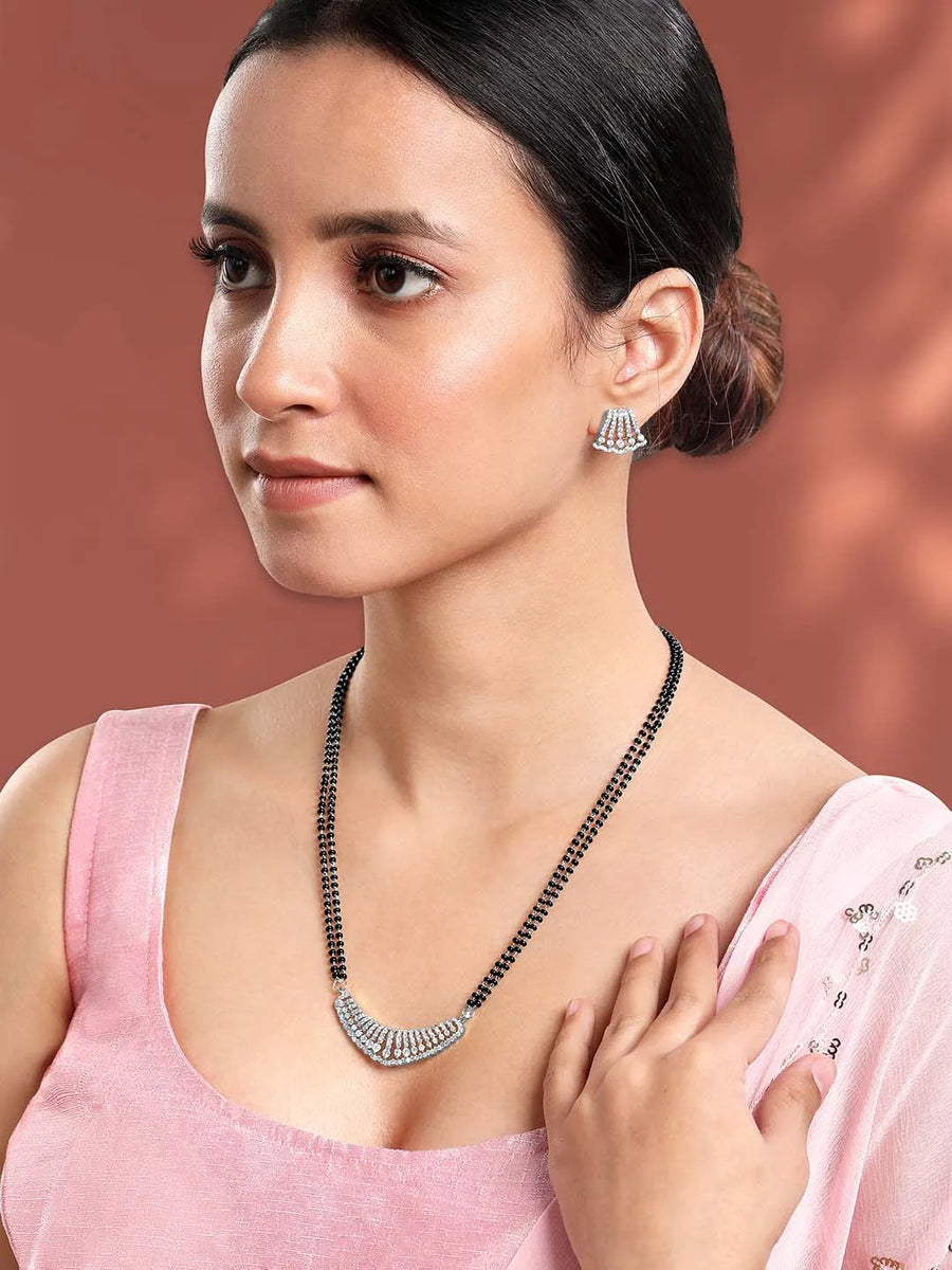 Beautiful Stylish CZ Mangalsutra Set - Silver. A set of CZ Mangalsutra jewellery and earrings, with silver plating & CZ Stones.