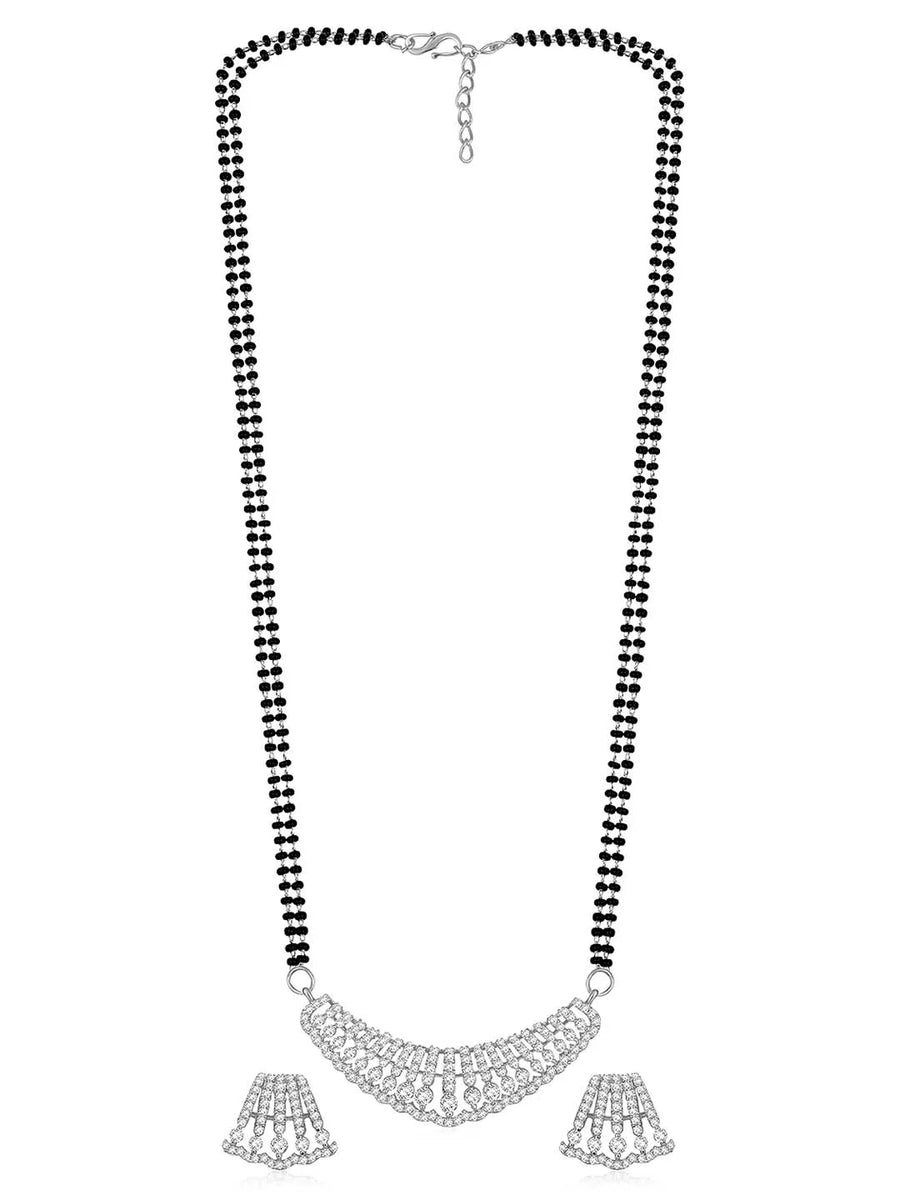 Beautiful Stylish CZ Mangalsutra Set - Silver. A set of CZ Mangalsutra jewellery and earrings, with silver plating & CZ Stones.