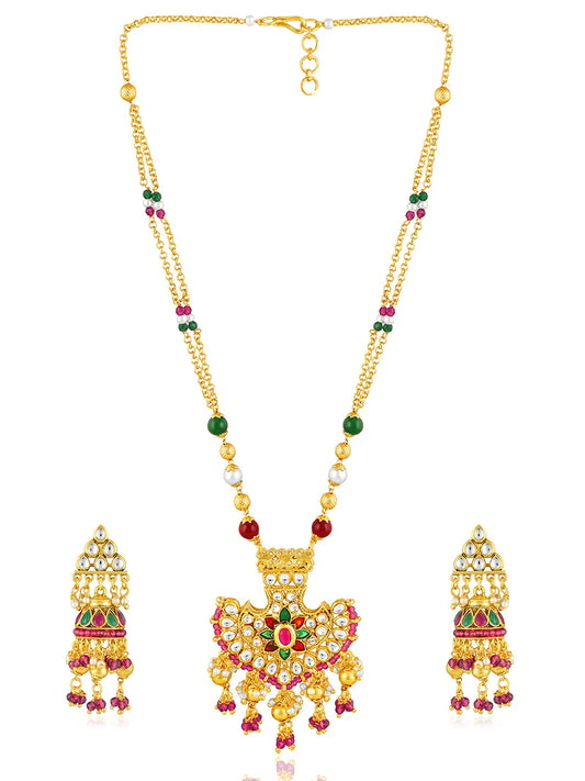 Multi Colour necklace earrings set crafted from alloy, adorned with faux kundan & beads for an elegant, timeless look | Peora
