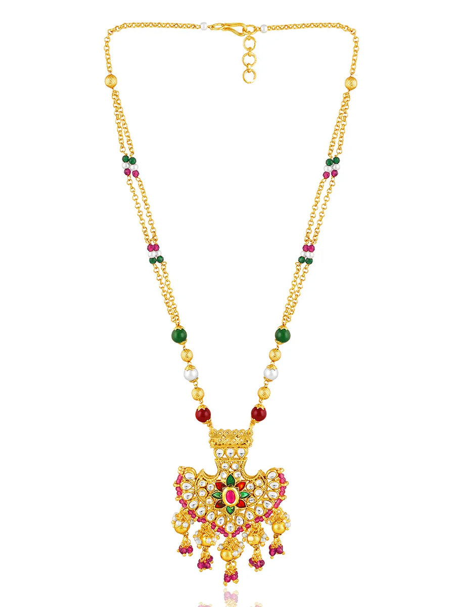 Multi necklace earrings set crafted from alloy, adorned with faux kundan & beads for an elegant, timeless look | Peora
